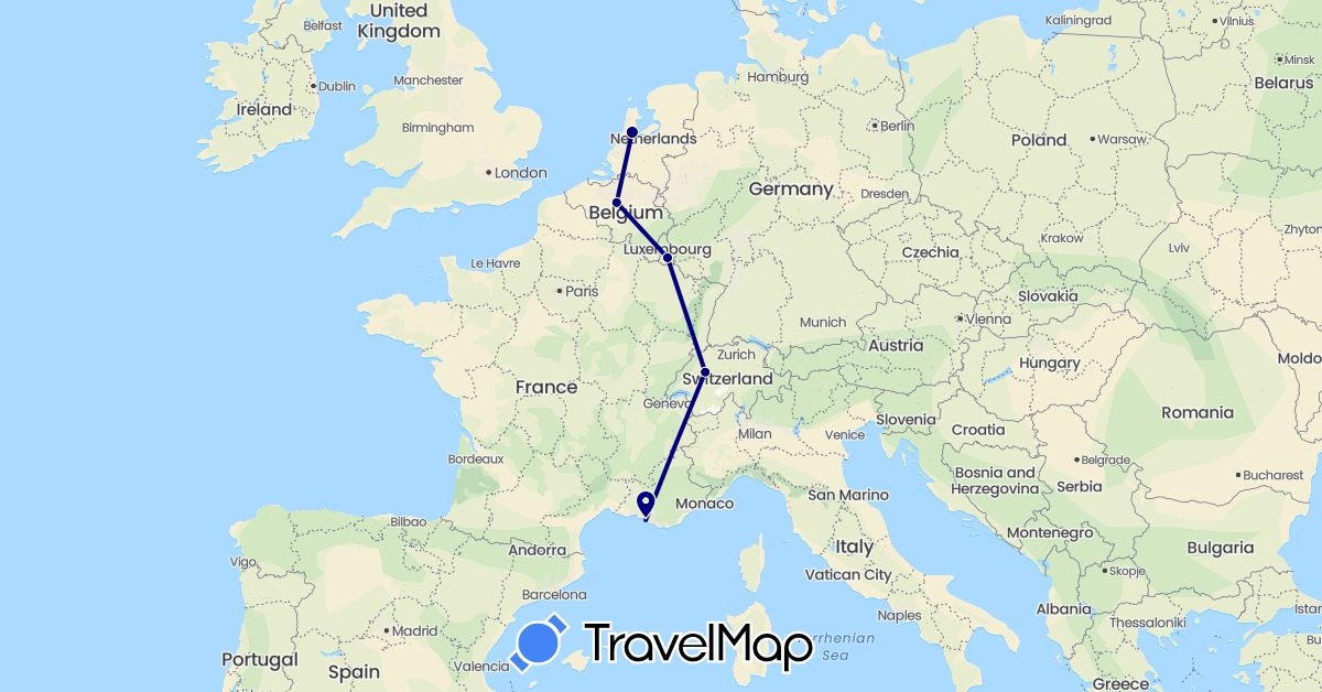 TravelMap itinerary: driving in Belgium, Switzerland, France, Luxembourg, Netherlands (Europe)